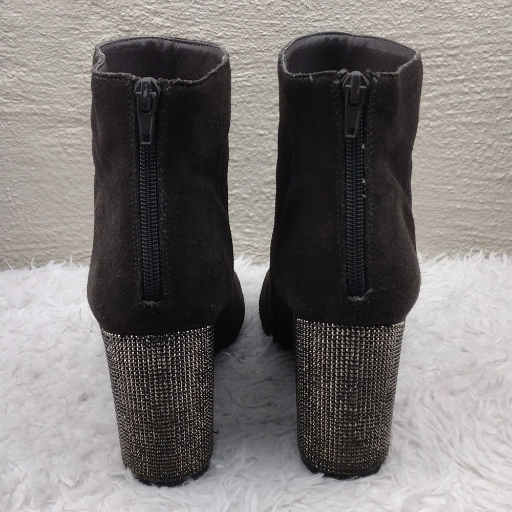 Reaction Kenneth Cole Carlyn Dark Grey Rhinestone High Heel Zip Back Ankle Boot